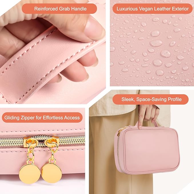 Leather Travel Jewelry Case Organizer,Jewelry Storage Book Binder with Clear Zipper Pouch & Lining-Portable Jewelry Bag for Earrings,Rings,Necklaces,Bracelets (Pink)