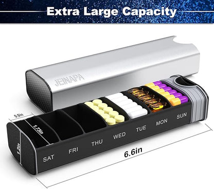 Extra Large Pill Organizer 7 Day, Aluminum Daily Pill Box, Weekly Travel Pill Case, Cute Pill Holder to Hold Vitamins, Medicines, Pills, Supplements