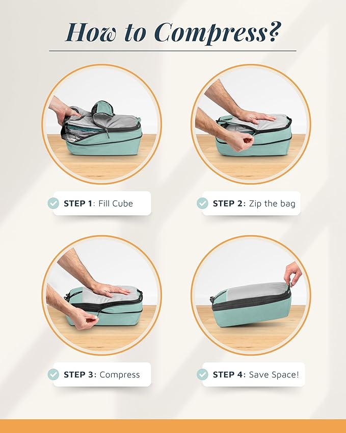 Compression Packing Cubes for Travel by TRIPPED – 6-Piece Premium Set with Laundry & Shoe Bag, Space Saving Travel Organizer Bags for Suitcase & Carry-On Luggage (Dusty Teal Mesh)