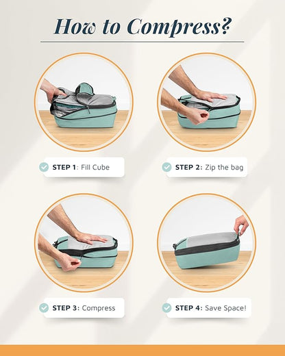 Compression Packing Cubes for Travel by TRIPPED – 6-Piece Premium Set with Laundry & Shoe Bag, Space Saving Travel Organizer Bags for Suitcase & Carry-On Luggage (Dusty Teal Mesh)