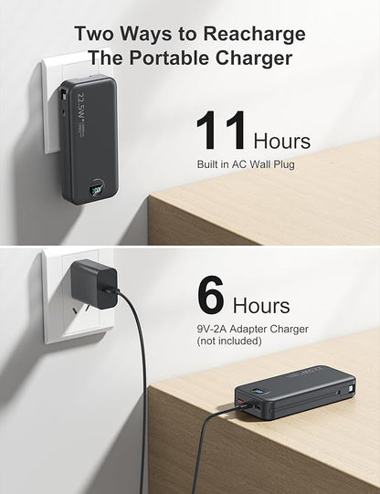 20000mAh Ultra-Portable-Charger-Power-Bank PD20W with Built in Cables&AC Wall Plug,Fast Charging Cell Phone Charger Battery Pack,LED Display Travel Battery Bank for All iPhone,Samsung,Android