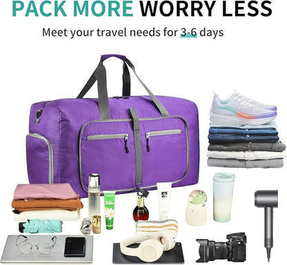 Dimayar Travel Duffle Bag for Men Women - Foldable Duffel Bag with Shoes Compartment - Overnight Bags Waterproof & Tear Resistant(40L,Purple)