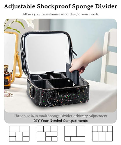 MOMIRA Travel Makeup Bag Cosmetic Bag with Lighted Mirror, Adjustable Brightness in 3 Color Scenarios/Detachable makeup mirror, 2024-All-round Upgrade, Waterproof, Gift for Women -Glett Black