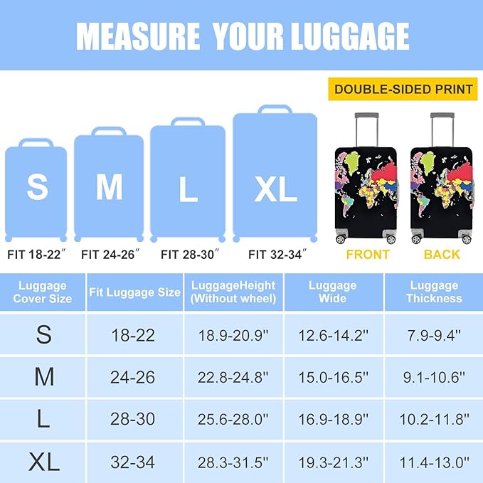 World Map Luggage Cover – Durable and Stylish Travel Suitcase Protector for Travel Enthusiasts, Fits Most Luggage Sizes,L