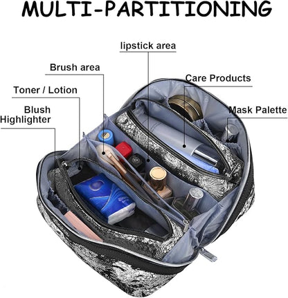 BOYATU Travel Makeup Bag for Women: Large Capacity Make up Bag with Compartments - Vegan Leather Cosmetic Bag set of 3 - Waterproof Toiletry Bag with Handle & Divider(E-2-Black)