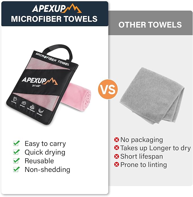 APEXUP Microfiber Travel Towel, Ultra Absorbent Quick Dry Towels, Lightweight Gym Sports Camping Towel for Workout, Yoga, Beach, Shower, Swimming (60"×30", Pale Rose)
