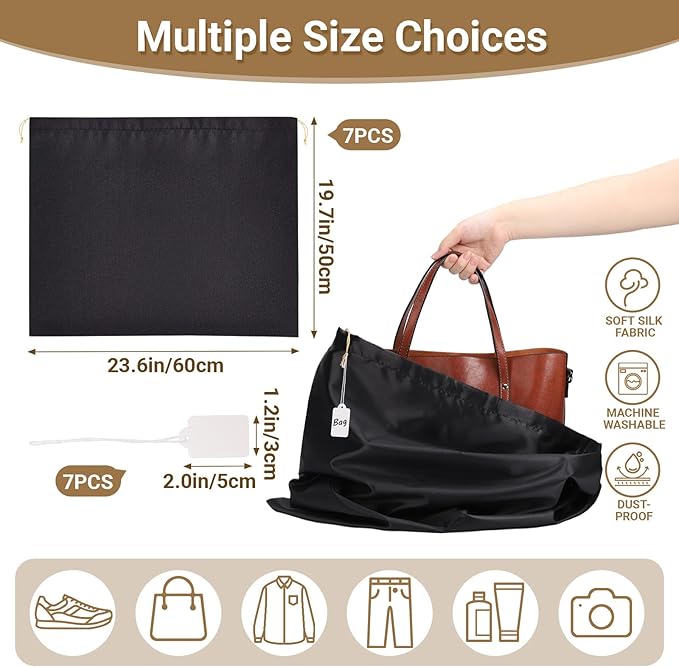 Ewen 23.6x19.6in Satin Dust Bags for Handbags, 7 Pack of Black Storage Bag for Shoes and Boots, Dustproof Silk Bags with Drawstring for Travel, Dust Cover Bag for Purse Clothing, Closet Organizers
