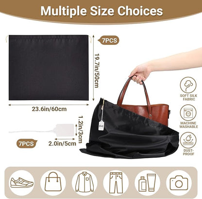Ewen 23.6x19.6in Satin Dust Bags for Handbags, 7 Pack of Black Storage Bag for Shoes and Boots, Dustproof Silk Bags with Drawstring for Travel, Dust Cover Bag for Purse Clothing, Closet Organizers