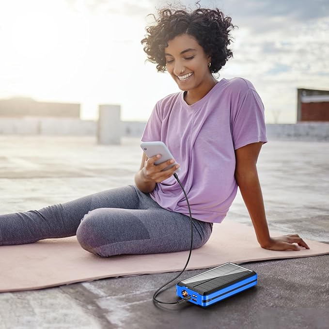 Solar Power Bank 52800mAh 5V/3A Fast Charging Battery Pack with Built in 4 Cables 2 Outputs & LED Flashlight for Cell Phone Camping and Hiking