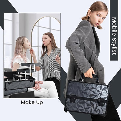 FRENESSA Makeup Train Case Makeup Case 11.8 Inch Large Cosmetic Box Organizer Travel Storage Professional Make Up Train Carrying Case with 6 Trays Locking Hard Vanity Storage Dark Black