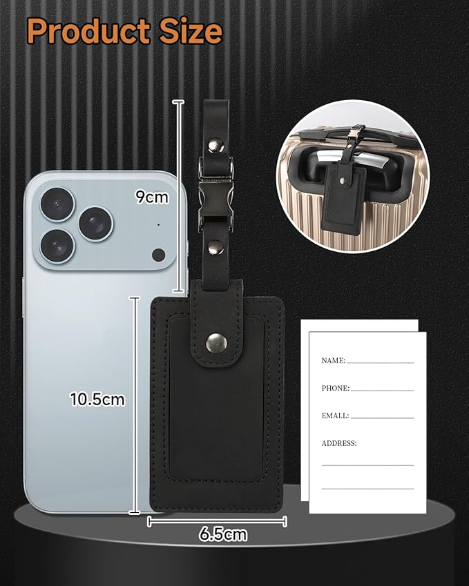 Premium Genuine Leather Luggage Tags for Suitcases - Quick Release, Privacy Protection, Elegant and Durable, Travel Essential Luggage Tag - 2 Pack Black