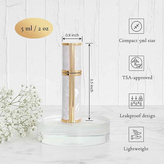 Ms Lovely Pearlescent Travel Perfume Atomizer Bottle – 5ml Refillable Mini Spray for Purse, TSA Approved Portable Fragrance Dispenser (White and Gold)