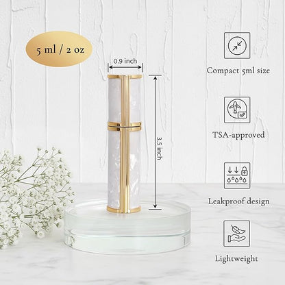Ms Lovely Pearlescent Travel Perfume Atomizer Bottle – 5ml Refillable Mini Spray for Purse, TSA Approved Portable Fragrance Dispenser (White and Gold)