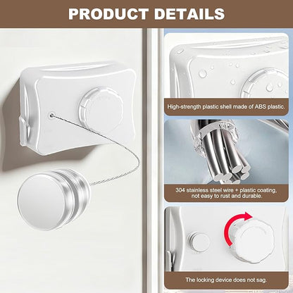 Retractable Clothesline for Outdoor & Indoor Use, 16.73 Ft Heavy Duty Retracting Clothes Line with Single Stainless Steel Rope - Laundry Drying Rack for Bathroom, Outside Areas (White)