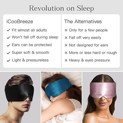 100% Natural Silk Eye Mask for Women Men, Soft Pressureless Cooling Blackout Eye Covers for Sleeping, Large Size Sleep Mask fits All Heads Adjustable, 1PC, Black
