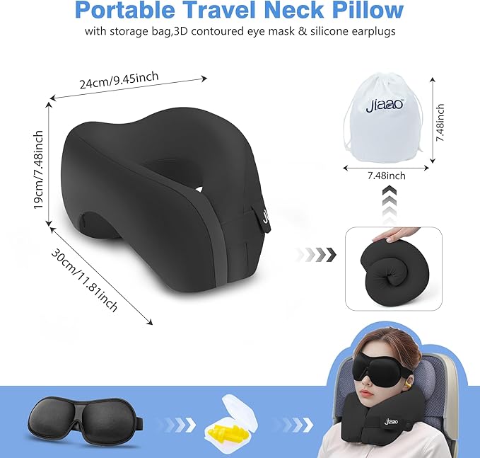 jiaao Neck Pillow Airplane, Memory Foam Travel Neck Pillows for Long Flight, 3D Eye Masks, Ear Plugs and Portable Drawstring Bag, Napping Pillow for Home, Road Trips, Sleep Rest and Travel Use