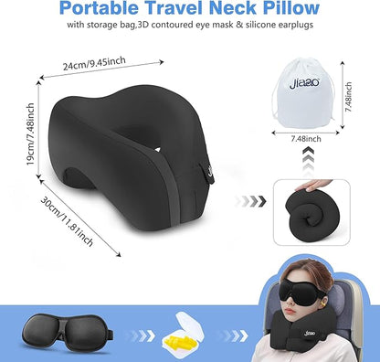 jiaao Neck Pillow Airplane, Memory Foam Travel Neck Pillows for Long Flight, 3D Eye Masks, Ear Plugs and Portable Drawstring Bag, Napping Pillow for Home, Road Trips, Sleep Rest and Travel Use
