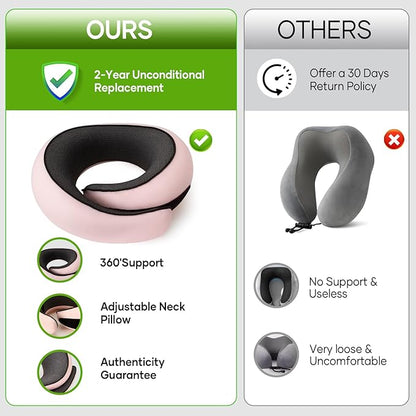 NOCRLG Travel Pillow, Travel Neck Pillow for Airplanes Car, 100% Pure Memory Foam Travel Pillow, Sleeping Essentials for Long Flight 360° Head Support Degree Comfort and Breathability Pink