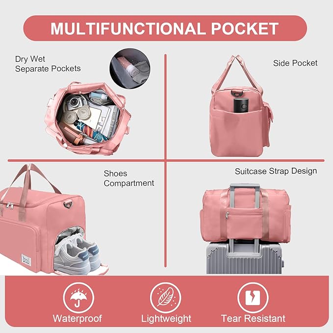 Gym Bag for Women Men, Travel Duffle Bag Large Capacity Carry On Weekender Bag With Shoe Compartment Gym Tote Dry Wet Separation Duffel Bag with Makeup Bag, Pink