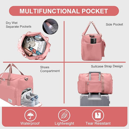 Gym Bag for Women Men, Travel Duffle Bag Large Capacity Carry On Weekender Bag With Shoe Compartment Gym Tote Dry Wet Separation Duffel Bag with Makeup Bag, Pink