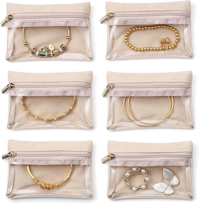 Vlando Travel Jewelry Box Organizer - 6 Small Velvet Zipped Pouches Pockets for Jewelries Necklaces Rings Earrings Sorting Storage, Menthol Mambo