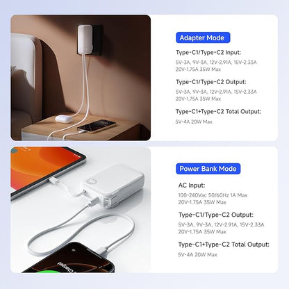 HOU 10000mAh Portable Power Bank with Retractable USB-C Cable, 35W Fast Charging, Dual Device Charging, Foldable Wall Plug, FCC/UL Certified 3 in 1 PD Charger for iPhone, Samsung, iPad, etc