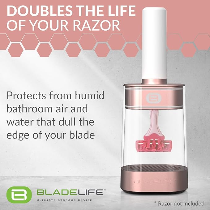 BLADELIFE Razor Storage Device for Women & Men Rose Gold - Fits All Leading Razors - Doubles The Life of Your Blade - Razor Travel Case 2024 New Model