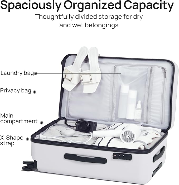 NINETYGO Carry On Suitcase, 20 Inch Carry-On Luggage with Double Spinner Wheels, Dry Wet Separate, PC Hard Case Suitcase, Lightweight Travel Luggage, TSA Approved (Solid White, Danube)