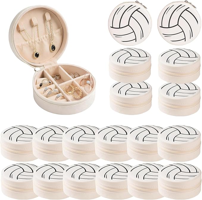 Adboros 18 Pack Volleyball Mini Travel Jewelry Case White Round Volleyball Stuff Portable Jewelry Organizer Storage Case Small Faux Leather Jewelry for Sports Team Birthday Goodie Favors Gifts Bulk