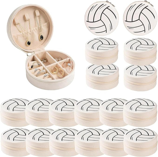Adboros 18 Pack Volleyball Mini Travel Jewelry Case White Round Volleyball Stuff Portable Jewelry Organizer Storage Case Small Faux Leather Jewelry for Sports Team Birthday Goodie Favors Gifts Bulk
