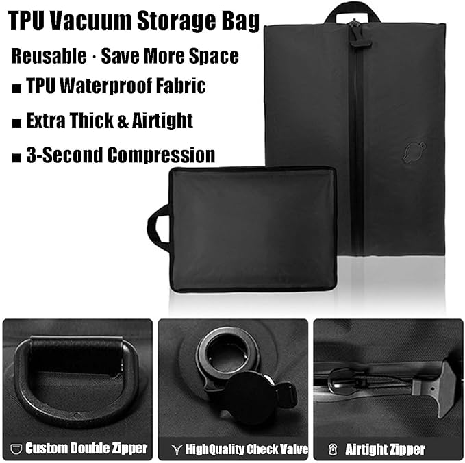 Vacuum Compression Travel Bag, Waterproof Zipper, Space Saver Packing Cube with One-Way Valve & Handle, Durable TPU Polyester Material, for Luggage & Backpack (2 bag 1 pump)