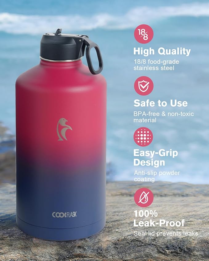 Coolflask 128 oz Gallon Water Bottle Insulated with Straw&3 Lids, Water Jug Large Stainless Steel Metal Vacuum Wide Mouth for Sports, Gym or Office, Non-BPA Keep Cold 48H Hot 24H, Ombre Wine/Navy
