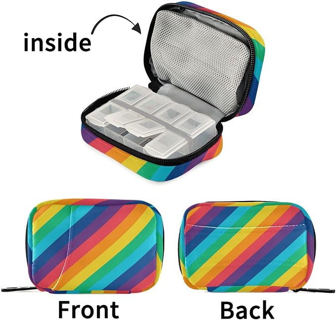 Pill Organizer Box Case Weekly Travel Pill Container Cute Pill Holder 7Day Vitamin Organizer Pill Dispenser Sorter Planner Storage Small Compact Rainbow Stripes12