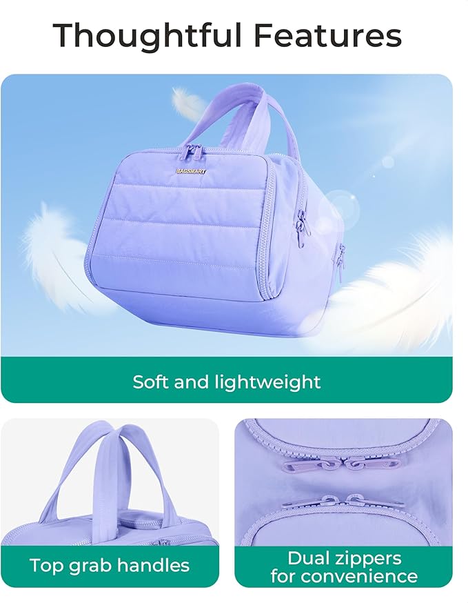 BAGSMART Travel Toiletry Bag, Crush Toiletry Bag for Women, Wide-open Puffy Toiletry Bags for Traveling, Large Travel Cosmetic Makeup Bag Organizer for Accessories,Toiletrie, Purple