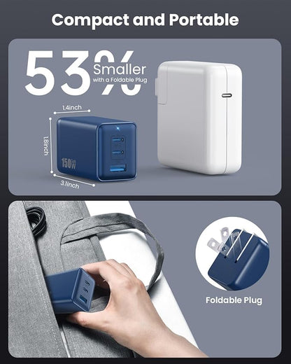 150W USB C Charger Block,GaN III Compact Foldable Wall Charger 3 Port Fast Charging Station,PD QC PPS Portable USB C Hub 100W Laptop Adapter for MacBook Pro/Air,iPad,iPhone 17/Pro,Galaxy S24,Dell etc