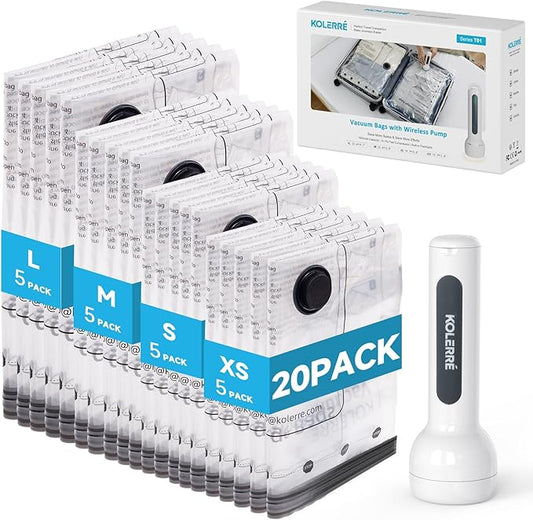 20 Pack Travel Vacuum Seal Bags with Rechargeable Electric Pump, 4 Sizes Space Saver Vacuum Storage Bags for Luggage and Suitcase, Compression Bags for Packing, Travel Vacuum Bags for Clothing