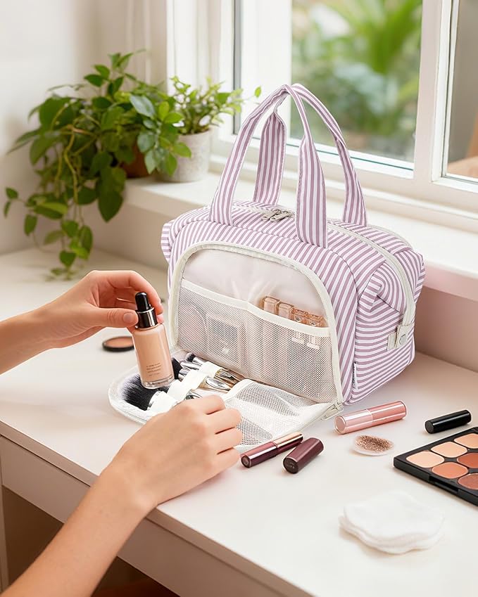 Narwey Travel Toiletry Bag, Wide-open Large Toiletry Bags for Traveling Women, Checkered Travel Bag for Toiletries Cosmetic Makeup Bag Organizer, Skincare Make Up Bag (Dusty Pink Stripe)