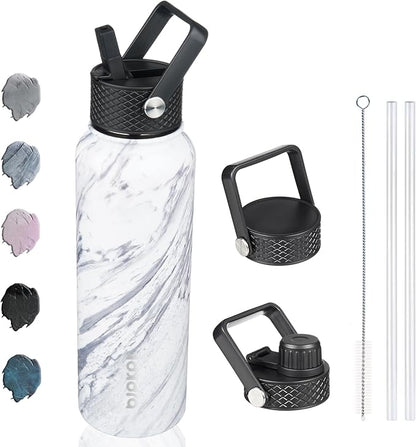 BJPKPK Insulated Water Bottles with Straw Lid, 40oz Stainless Steel Water Bottles with 3 Lids, BPA Free Leakproof Thermo, Tumblers, Cups for Sports, Gym- Marble Frozen