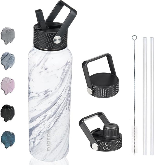 BJPKPK Insulated Water Bottles with Straw Lid, 40oz Stainless Steel Water Bottles with 3 Lids, BPA Free Leakproof Thermo, Tumblers, Cups for Sports, Gym- Marble Frozen