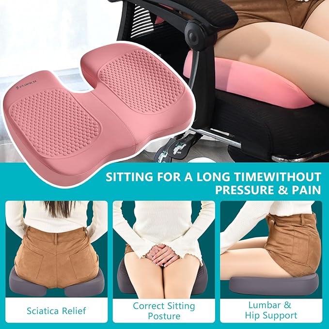 FLORICH 3 PCS Seat Cushion for Carseat Lumbar Support Pillow Car Neck Headrest Pillows Memory Foam Gel Memory Foam Massage Point Seat Pads Pressure Relief Back Cushion for Office Chair(Light Pink)