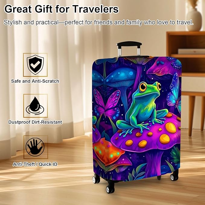Luggage Cover Protector for 30-32 Inch Suitcases, TSA Approved Elastic Travel Suitcase Covers, Anti-Scratch Washable Luggage Sleeve for Carry On & Checked Bags, Frog on Mushroom