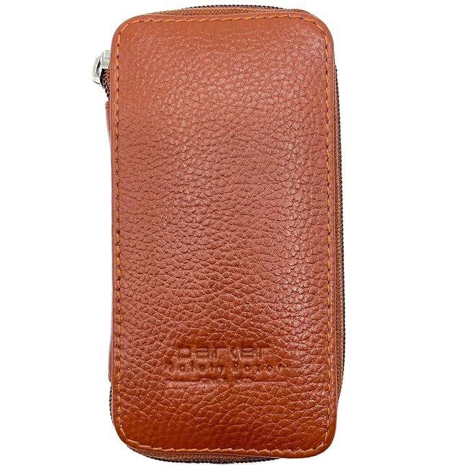 Parker Saddle‑Brown Leather Double Edge Safety Razor Case with Blade Compartment – Zip Travel Pouch