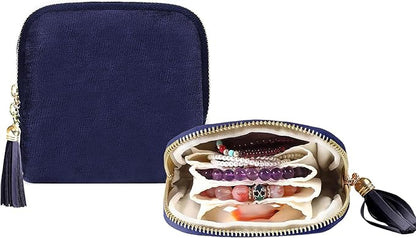 shunmei Small Travel Jewelry Case Mini Travel Jewelry Bag Portable Organizer Storage Pouch for Necklaces, Earrings, Rings, Bracelets, Crystal, Travel Accessory Gifts for Women Girls-Navy Blue