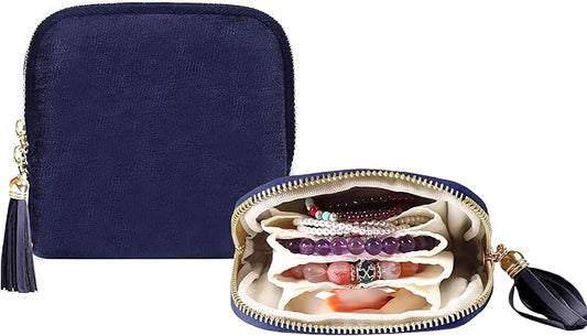 shunmei Small Travel Jewelry Case Mini Travel Jewelry Bag Portable Organizer Storage Pouch for Necklaces, Earrings, Rings, Bracelets, Crystal, Travel Accessory Gifts for Women Girls-Navy Blue
