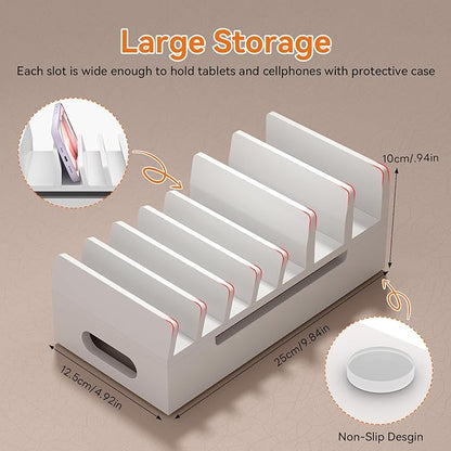 Pezin & Hulin Bamboo Charging Station with Watch Stand, Docking Holder for Multi Device with 5 Port USB Charger HUB, 5 Charge Cables, Desktop Electronic Organizer for Cellphone, Tablet, Watch-White