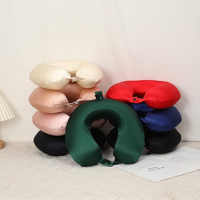 100% Mulberry Silk Neck Pillow for Travel 22 Momme Real Silk Travel Pillow for Pain Relief Sleeping,Silk Airplane Pillow, Anti Wrinkle Travel Pillow Made in USA (Champagne)