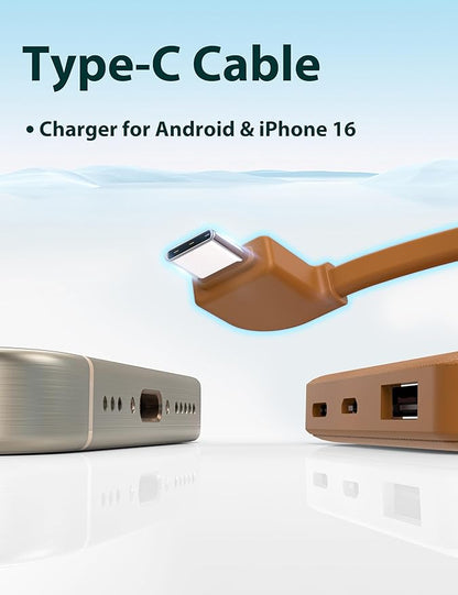 miisso 6000mah Ultra Slim Built in Cables Power Bank, Card Size Built in USB C Cords Battery Pack Portable Charger for Phones, 3 Output External Battery Pack Compatible with iPhone, Brown