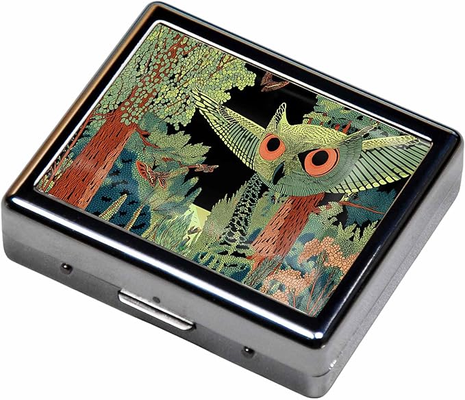 7 Days Chromed Shiny Silver Pill Organizer with Mirror Inside Has 8 Separate Compartments Rectangle,Versatile Storage for Medication - Ideal Travel Accessory (Green owl)