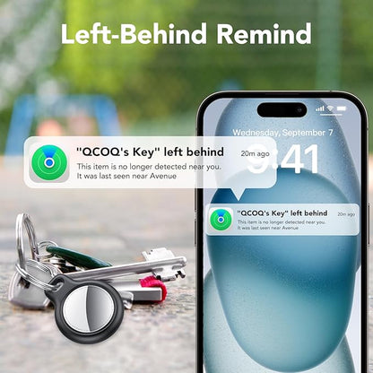 QCOQ® Air Tracker Tags-4 Pack Black | Bluetooth Tracker Work with Apple Find My (iOS Only), Smart Tag with Protective Case/Keychain/Lanyard, Item Finder for Luggage/Key/Suitcase, Up to 100dB