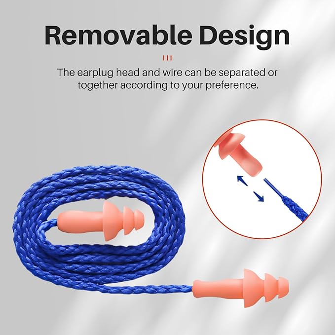 100 Pairs Silicone Corded Ear Plugs SNR 32dB - Reusable Noise Reduction Earplugs with String,Individually Wrapped,for Work & Construction Site,Orange
